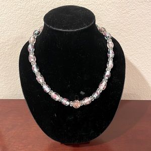 Glass Beaded Necklace Handmade Clear Silver Tone Texture Choker